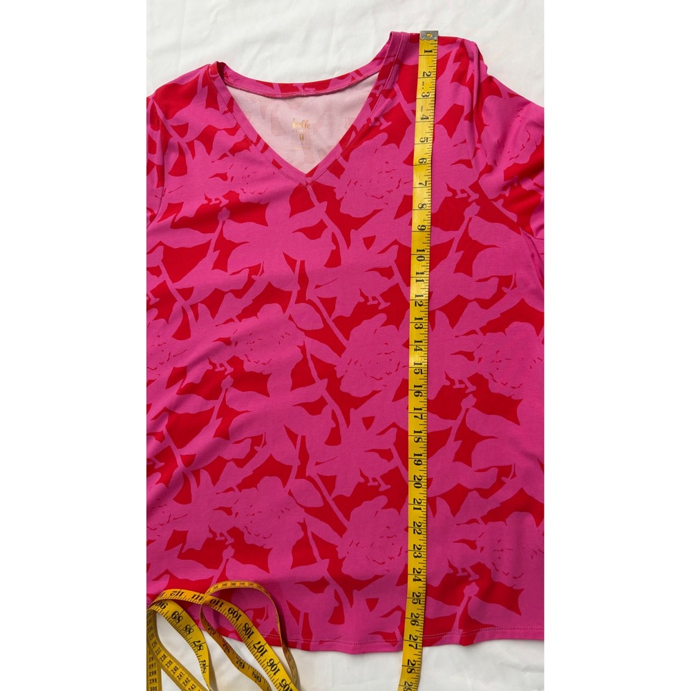Belle by Kim Gravel Pink Red Floral Leaf V-Neck 3/4 Sleeve Top Large - Picture 5 of 6